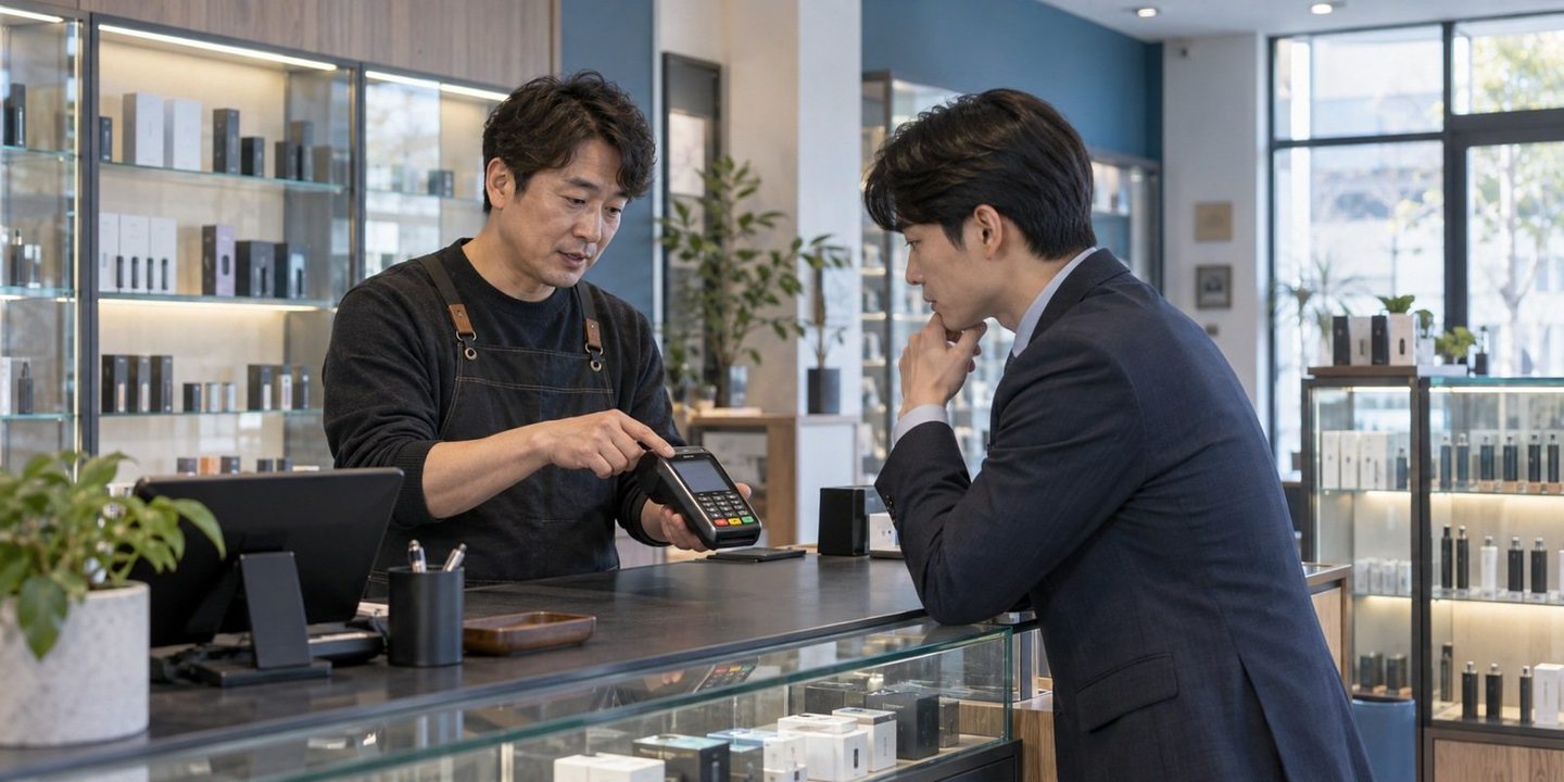 매장 카운터에서 단말기 이용을 설명하는 두 사람 — PG 단말기 신청 단말기보다 먼저, 돈 들어오는 날을 정해 드려요.