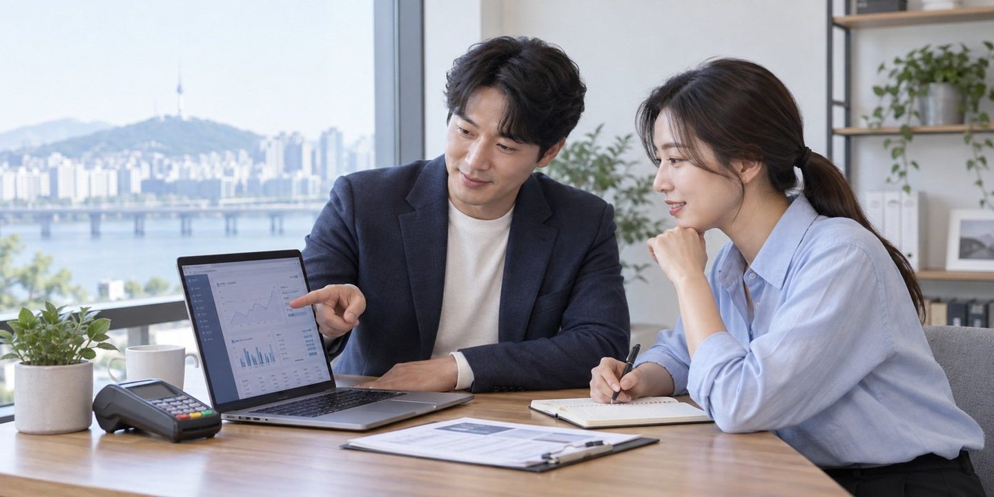 노트북 화면을 함께 확인하는 두 사람 — PG 단말기 신청 익일정산익일정산, 오늘 매출을 내일 받아요. 연락 주시면 당일정산과 나란히 놓고 설명해 드려요.
