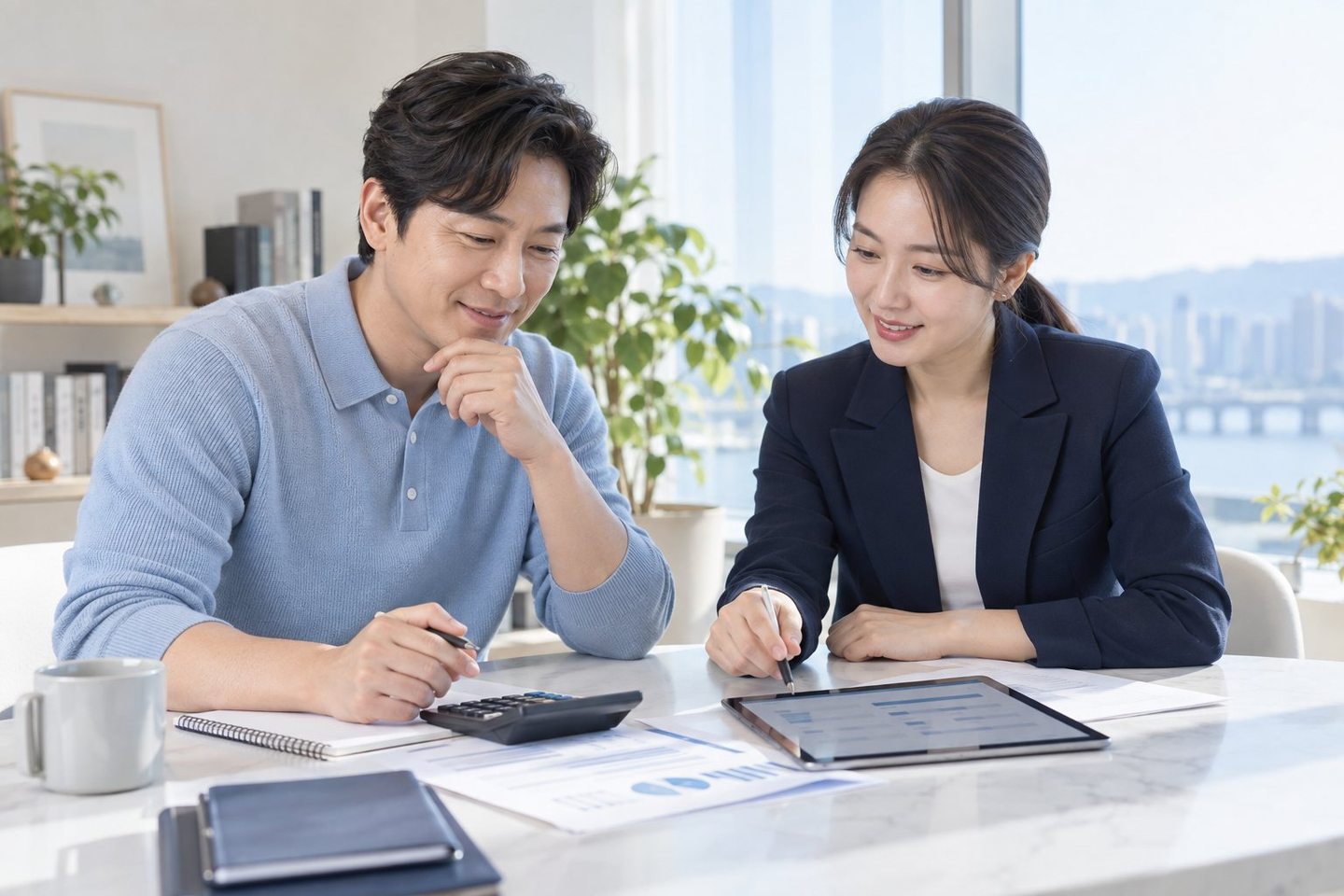 테이블에서 계약 내용을 확인하는 두 사람 — PG 단말기 신청 약정서약정서, 입금일이 글자로 적혔나요? 연락 주시면 고른 입금일을 정산 칸에 적어 드려요.