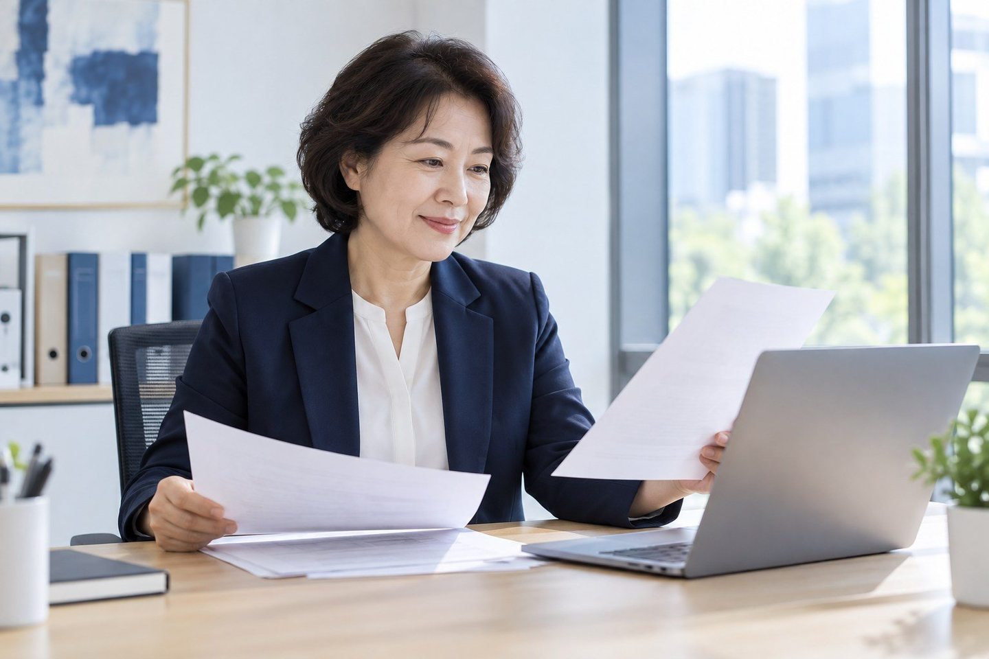 책상에서 서류와 노트북을 확인하는 여성 — 반찬가게 사장님의 한 주로 정산일을 따라가 볼게요
