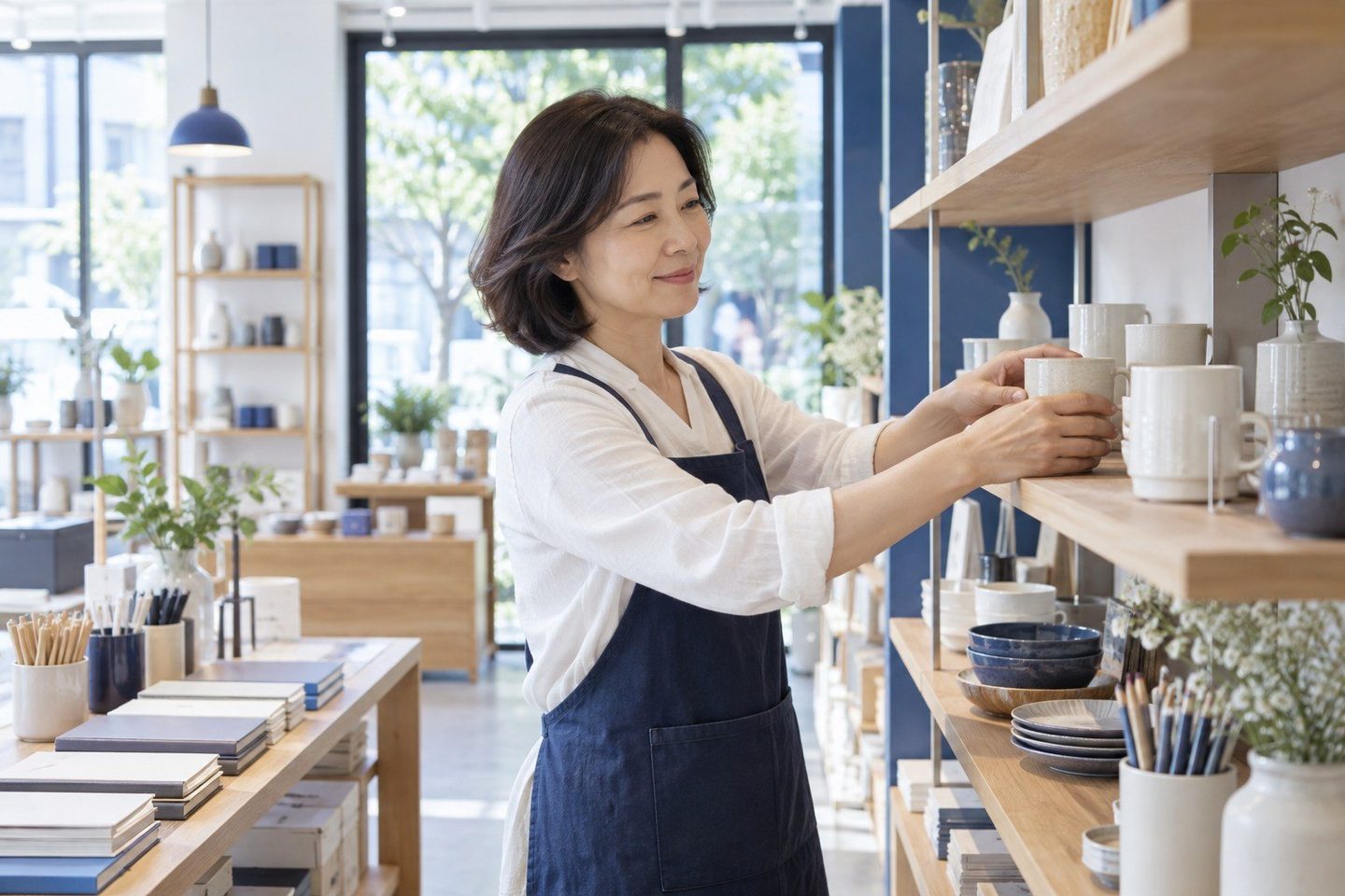 매장 계산대에서 업무를 보는 여성 — PG 단말기 신청 들은 말이 글자가 되어야 약속이에요.
